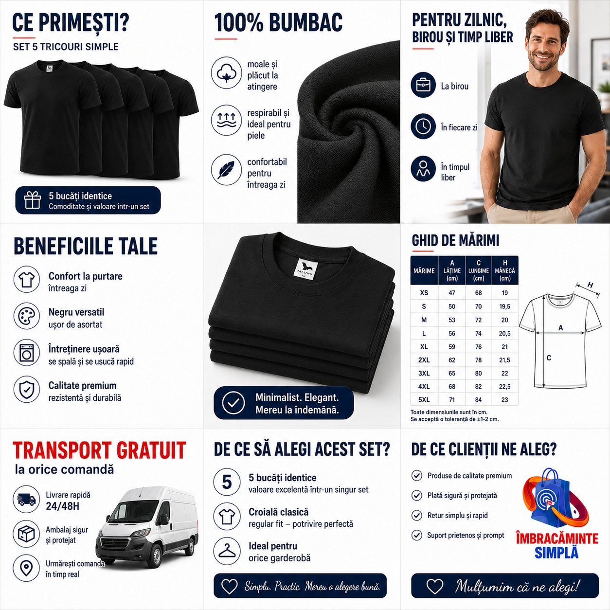 Set 5 tricouri negre pentru bărbați din bumbac 100%, regular fit, transport gratuit